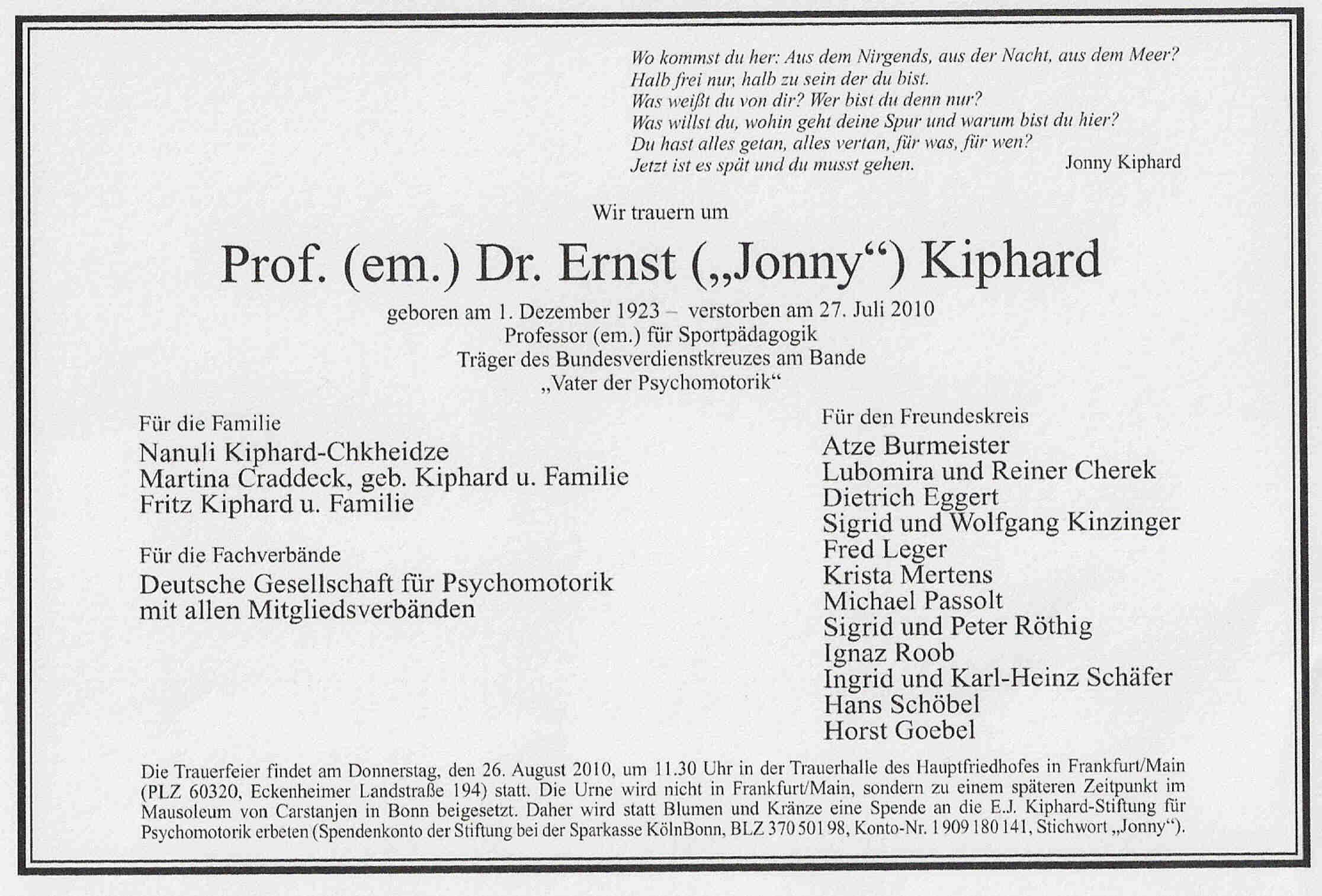 Annonce zu Jonny Kiphards Trauerfeier